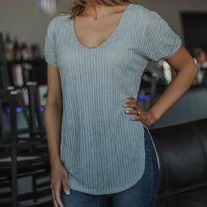 Rib Knit Short Sleeve V-Neck Top - Blue GreyRib Kn
